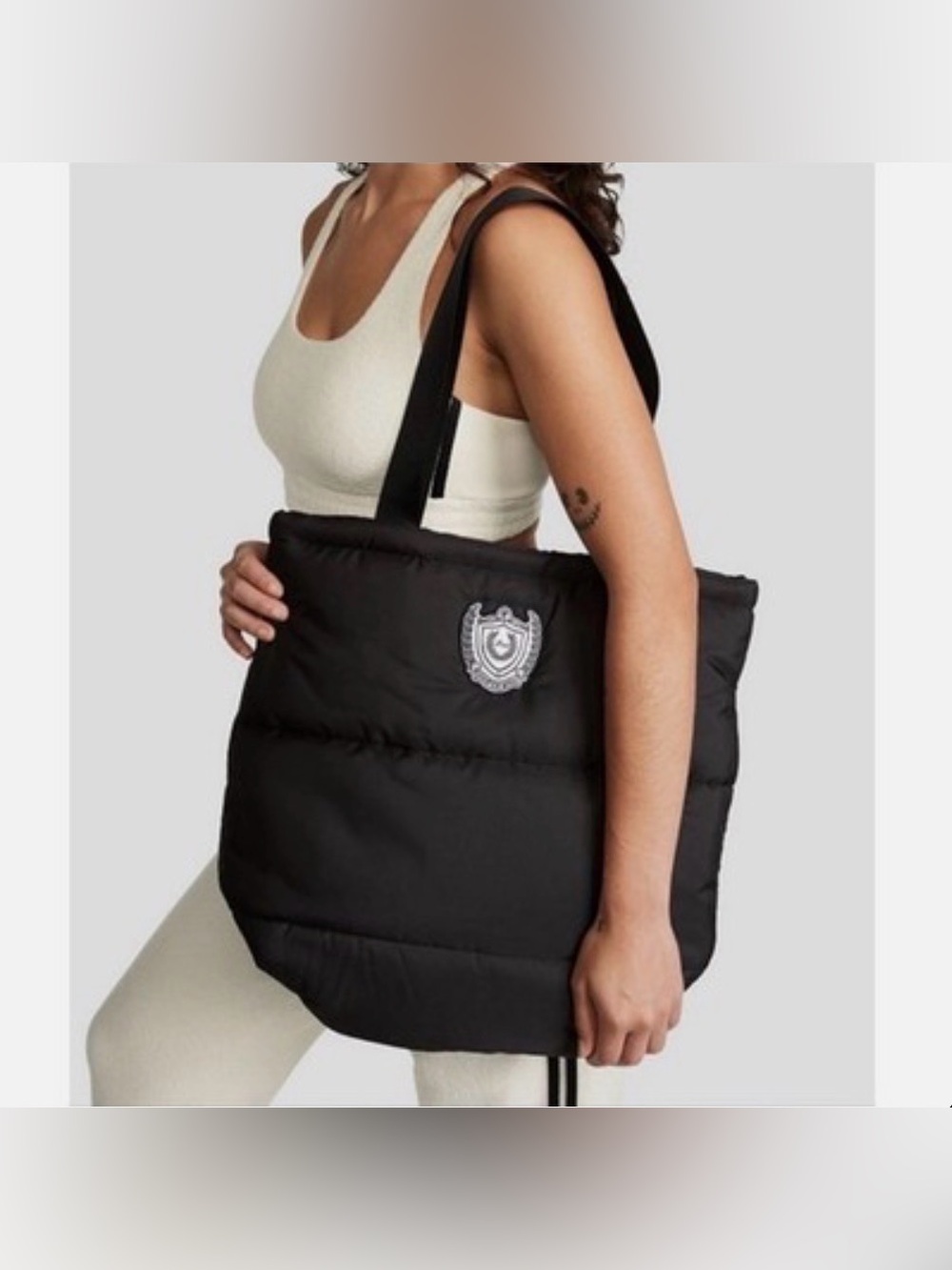 PINK Victoria's Secret Black Quilted Tote with Crest Patch